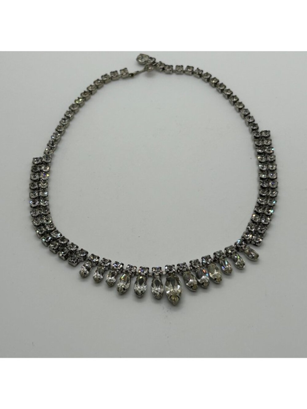 Vintage Silver Tone Clear Rhinestone Choker Necklace Teardrop Navette Marquise A - Picture 9 of 11